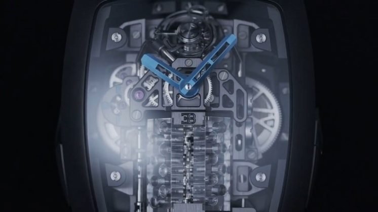 El Bugatti Chiron Tourbillon, como se llama el reloj, cuenta con 16 pistones en miniatura que imitan el movimiento del propulsor original