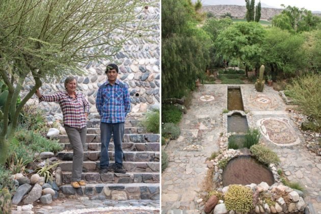 Izquierda: Jackie y Martín Liendro, su fiel ayudante en el jardín y en la posada. Derecha: El magnífico trazado del solado, construido enteramente con piedras del lecho del río. Un ñandú, una rana, el símbolo del sol y de la luna se repiten en la cerámica precolombina de los valles. Fuente: Jardín - Crédito: Inés Clusellas.